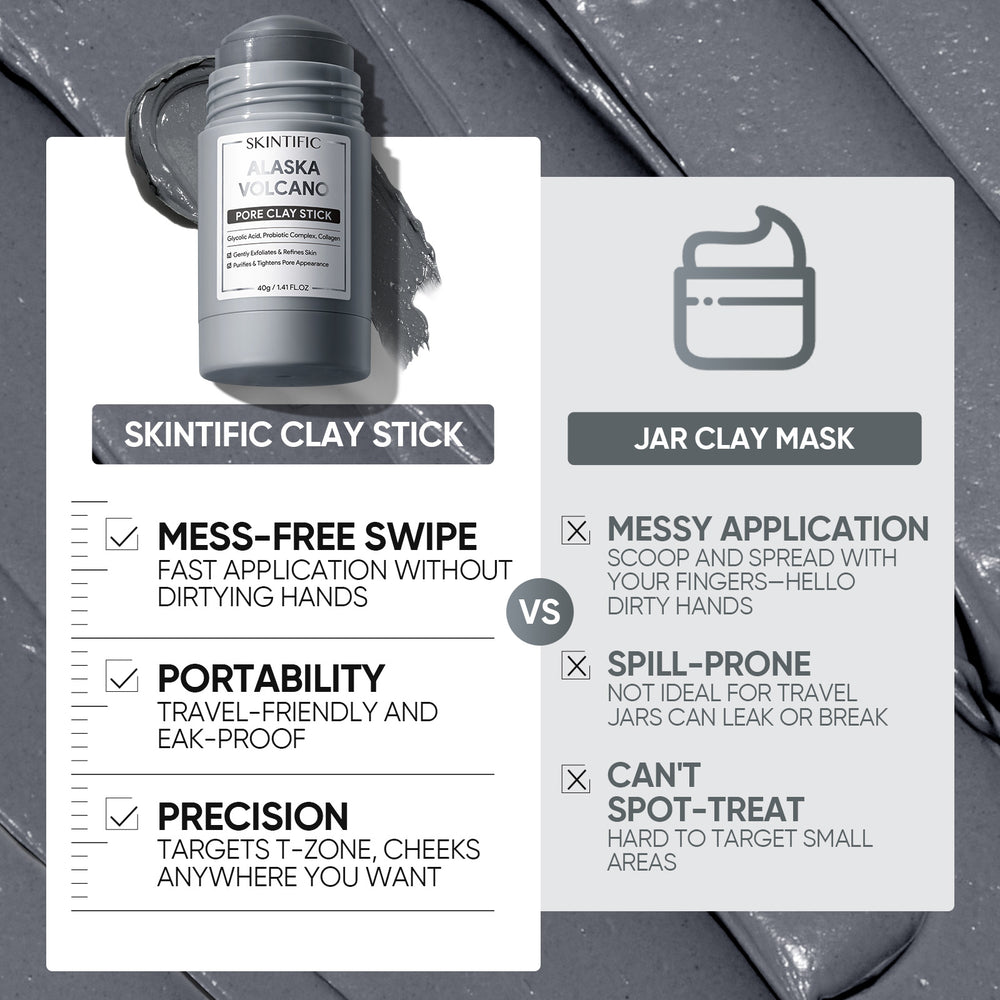 SKINTIFIC clay stick versus jar clay mask with mess-free swipe portability and precision

