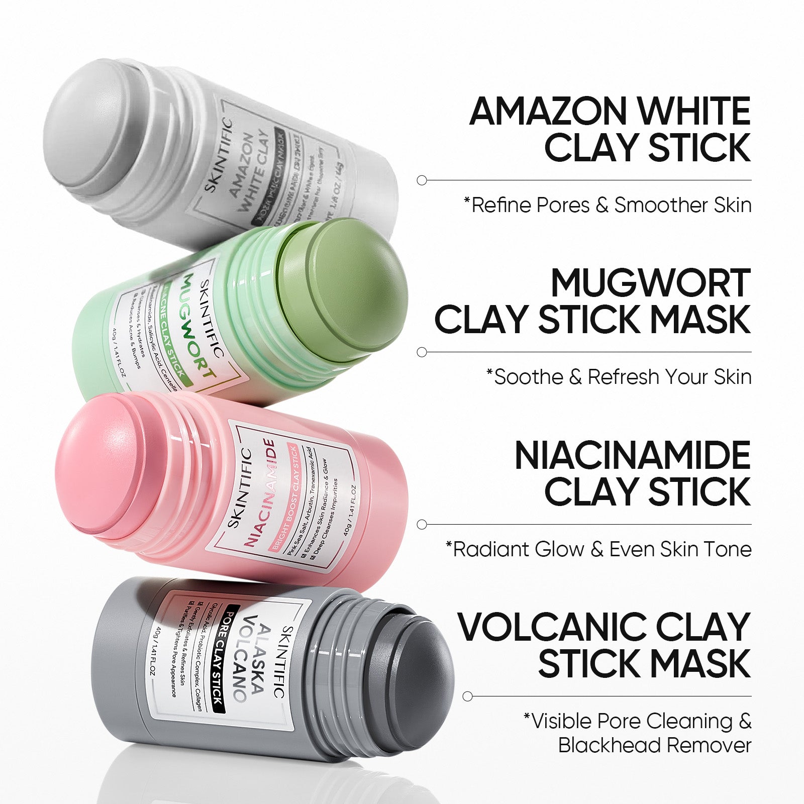 4-Piece Clay Mask Stick Set for Blackheads, Acne, Pores & Dullness
