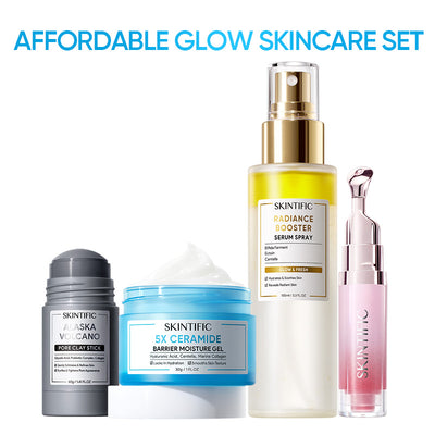Erschwingliches Glow Skincare Set – 5X Ceramide Gel, Alaska Vulkanerde Maskenstick, Ausstrahlung Booster Spray & Peptid Lip Serum