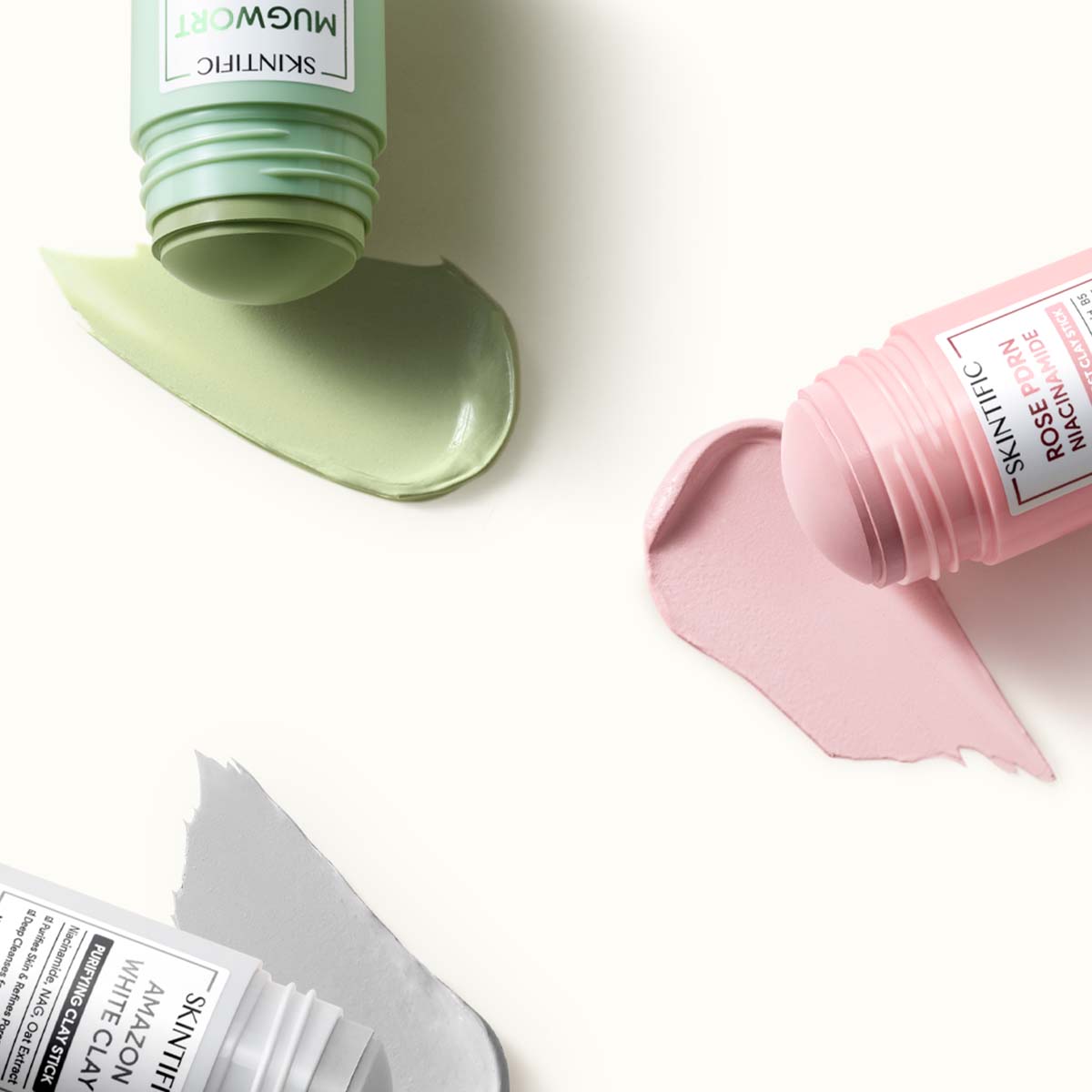 Niacinamide Bright Boost and Rose PDRN clay mask textures photographed side by side.