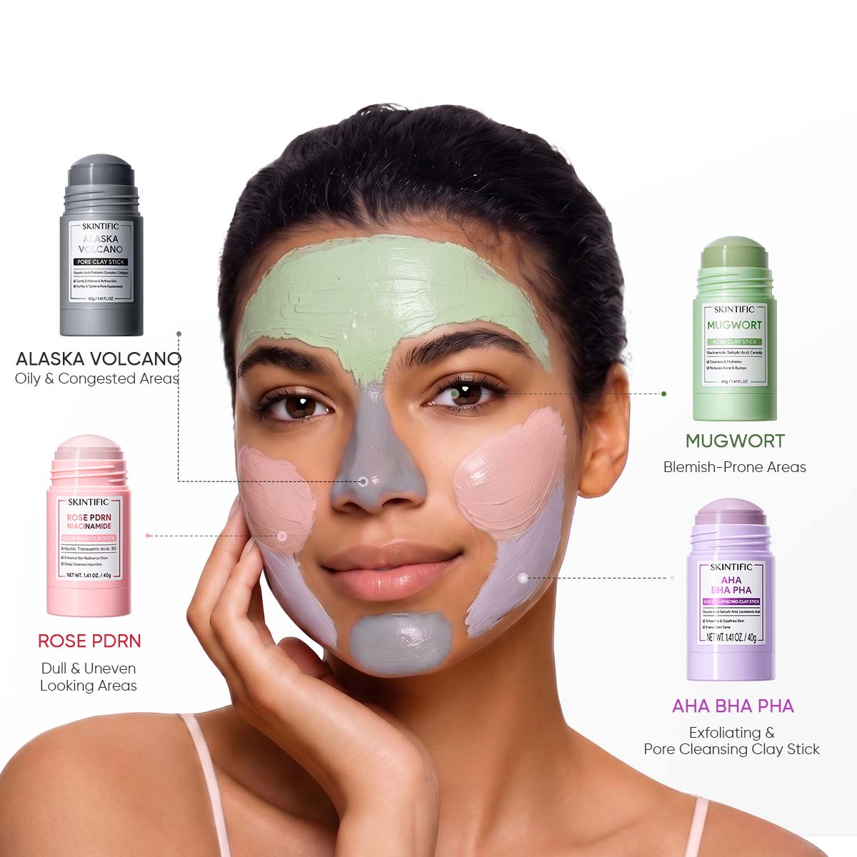 Diagram showing clay mask application to one facial zone or two separate zones.